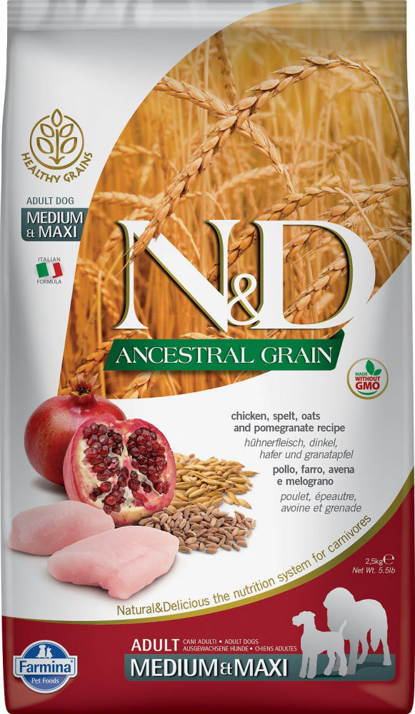 Farmina N&D Natural and Delicious Ancestral Grain Medium & Maxi Chicken & Pomegranate Adult Dry Dog Food