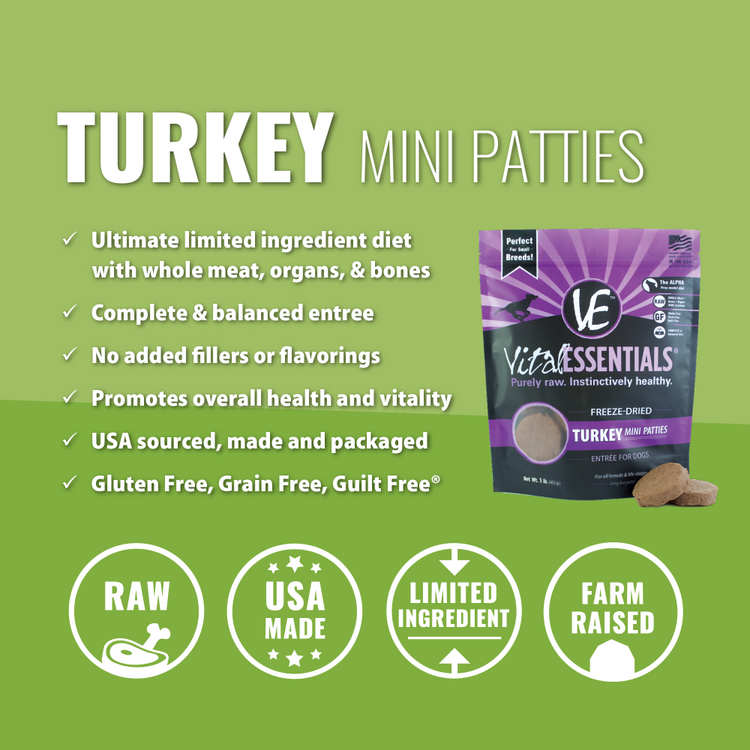 Vital Essentials Freeze Dried Grain Free Turkey Mini Patties Entree for Dogs Food