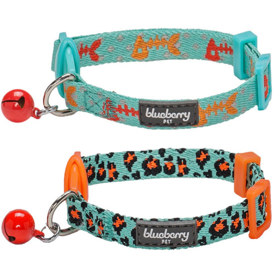 Blueberry Pet Hunting Expedition with Fish Bone and Leopard Print Adjustable Breakaway Cat Collar with Bell, 2 pack