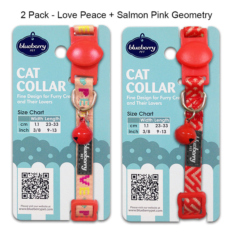 Blueberry Pet Love Peace Theme and Salmon Pink Geometry Adjustable Breakaway Cat Collar with Bell, 2 pack