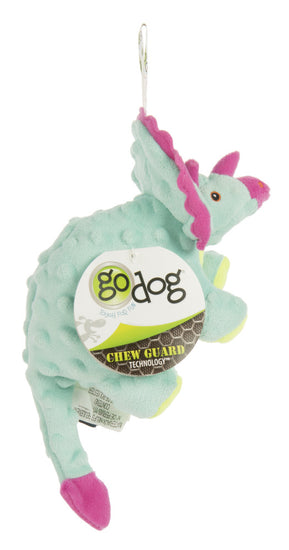 Go Dog Dinos Frills with Chew Guard Technology Durable Plush Squeaker Dog Toy Teal