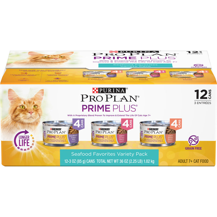 Purina Pro Plan Grain-Free Senior Pate Prime Plus Seafood Favorites Wet Cat Food Variety Pack