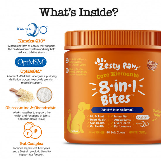 Zesty Paws 8-in-1 Multifunctional Vitamins Glucosamine Chondroitin & Probiotics Peanut Butter Flavor Soft Chews for Dogs