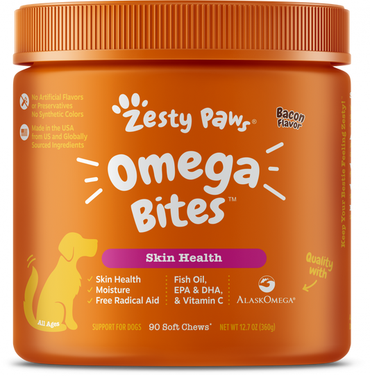 Zesty Paws Omega 3 Soft Chews for Skin Health Premium Fish Oil with EPA & DHA   Vitamin C Functional Bacon Flavor Dog Supplement